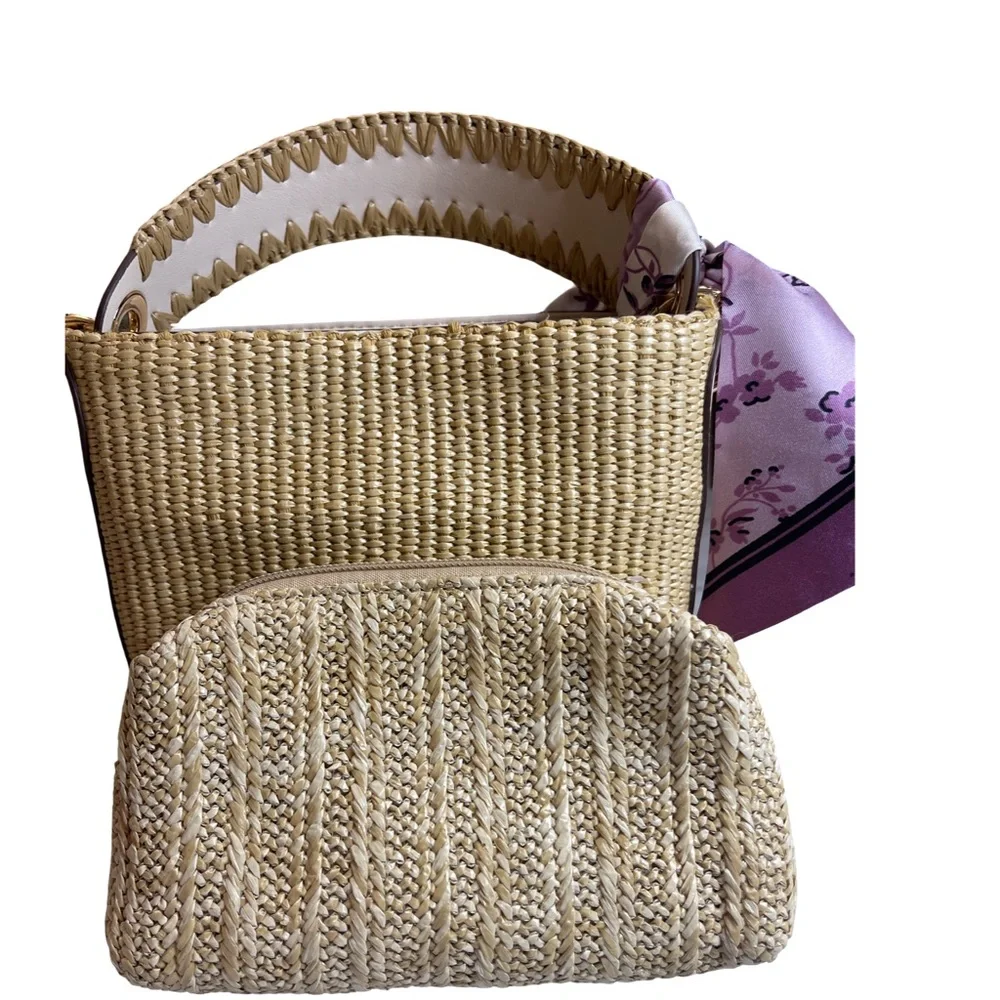 Elegant Straw Crossbody Tote with Floral Scarf Accent and matching coin purse.